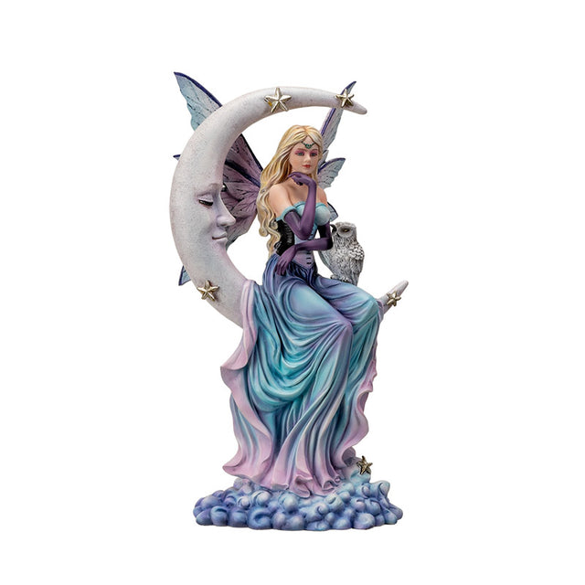 Fairy statue with a crescent moon and owl. Fairy has blue-purple-pink dress and blond hair