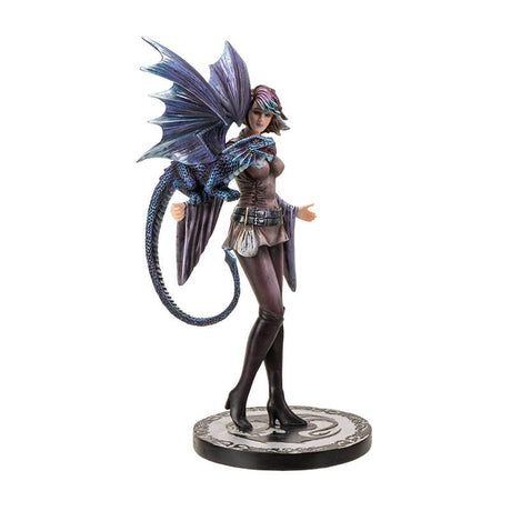 Figurine by Anne Stokes - woman in short dress, leggings & tall boots training a blue dragon