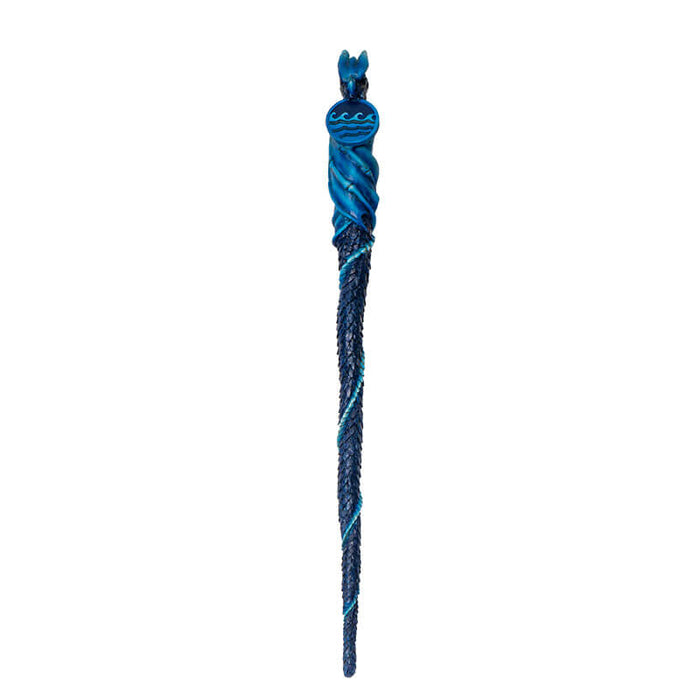 Blue magic wand with a dragon and wave emblem and scales down the length