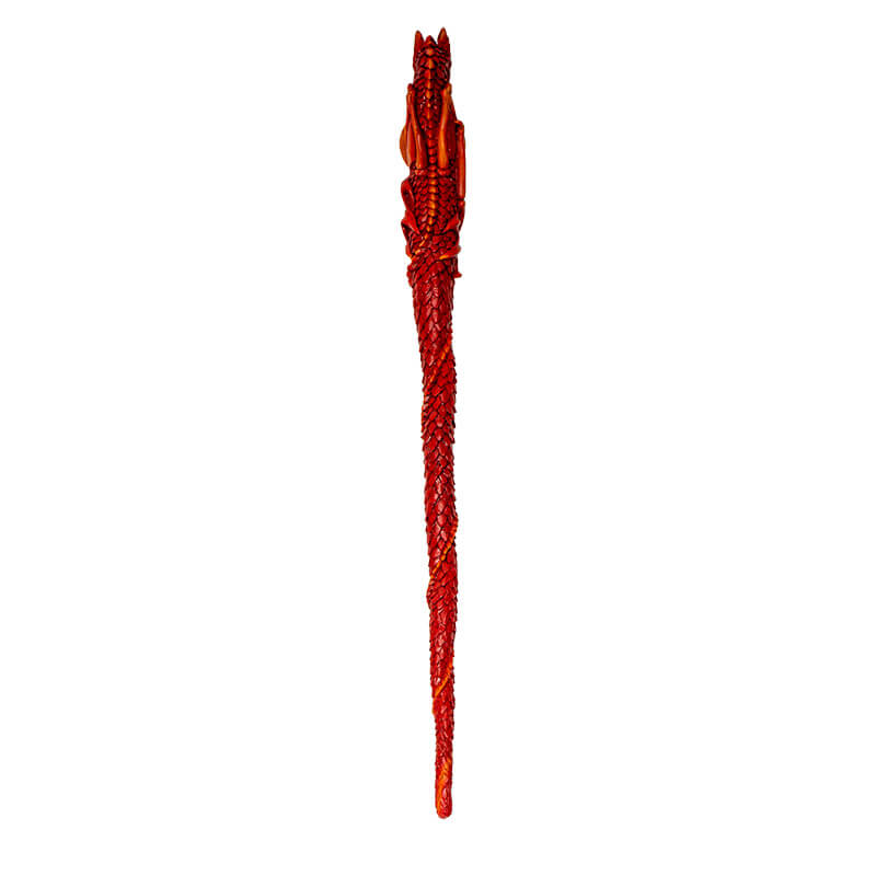 Magic wand, red dragon with textured scales holding a fire emblem coin in mouth