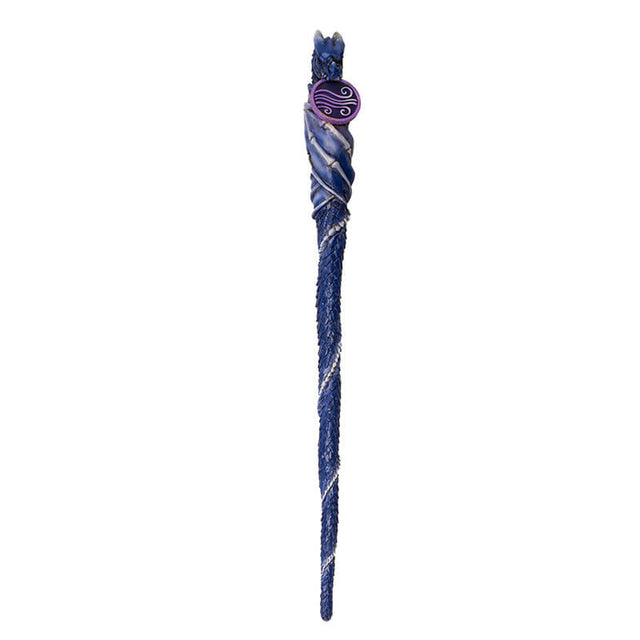 Magic wand with a dragon curled around it in shades of blue and purple with air emblem