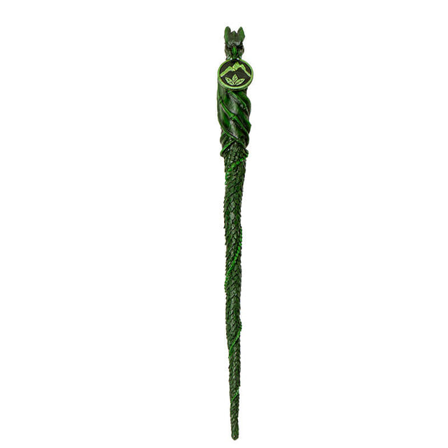 Magic wand in green of dragon spiraling down, holding leaf and mountain coin in mouth