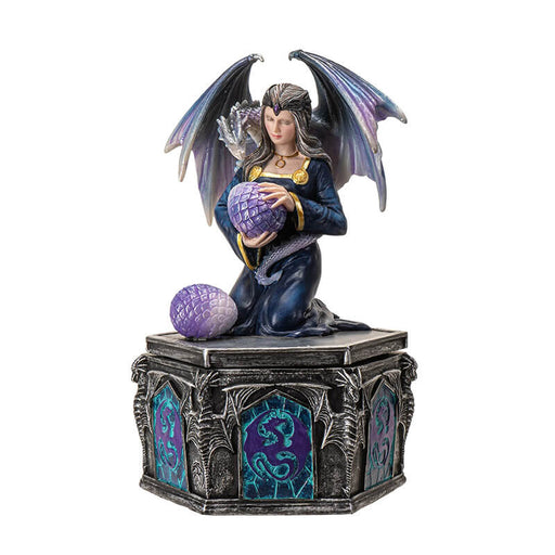 Trinket box with woman holding dragon egg on the lid, a dragon with purple-blue scales wrapped around her. Base of the box has purple and violet dragon designs.