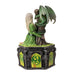 Trinket box with lid featuring blond woman in green dress with emerald dragon wrapped around tree trunk, and dragon designs around the base of the box. Shown from the back.