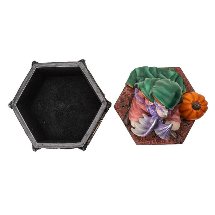 Trinket box, lid has a woman in a green cloak and pink dress cuddling a purple dragon, with a pumpkin. Outer rim of box has red and yellow dragon designs. Shown open, top-down
