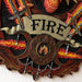 Closeup of "FIRE" with triple moon design and sword hilts