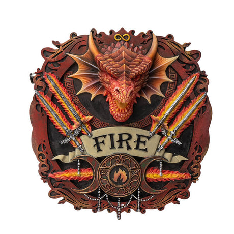 Wall plaque with fire dragon head, flaming swords, and triple moon design