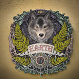 Wall plaque with wolf and "EARTH" label surrounded by ferns