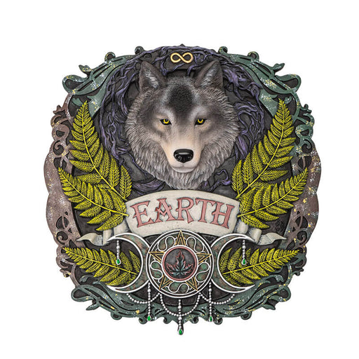 Wall plaque with wolf and "EARTH" label surrounded by ferns