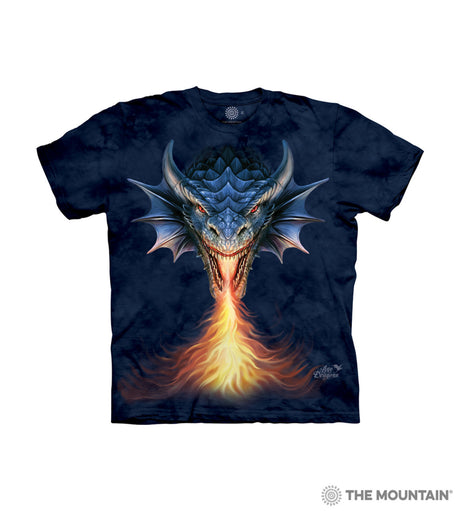 Mottled dark blue tee with blue dragon breathing fire, art by Anne Stokes