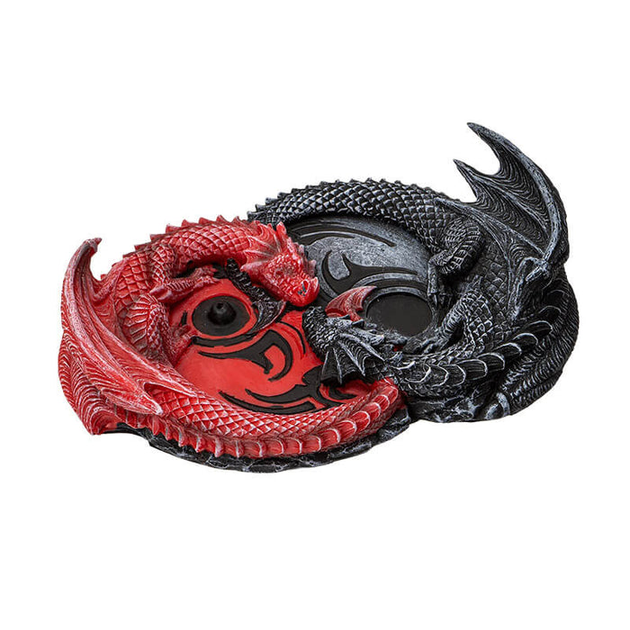 Incense burner with red and black dragons forming an infinity sign. Space for stick and cone incense.