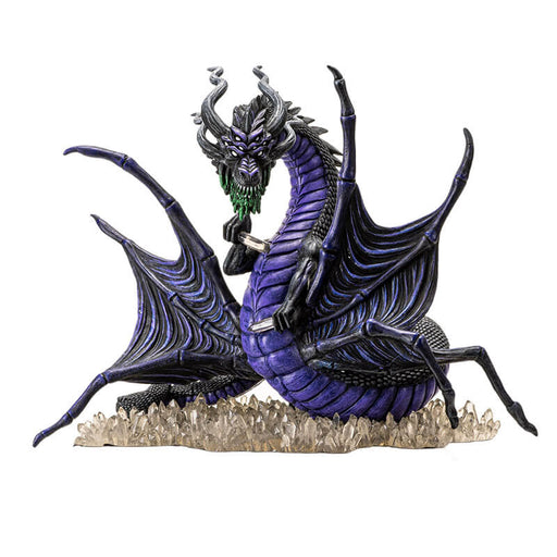 Figurine of a spider-dragon with purple and black scales and wings and eight eyes. Clutches crystals and sits on more gems.