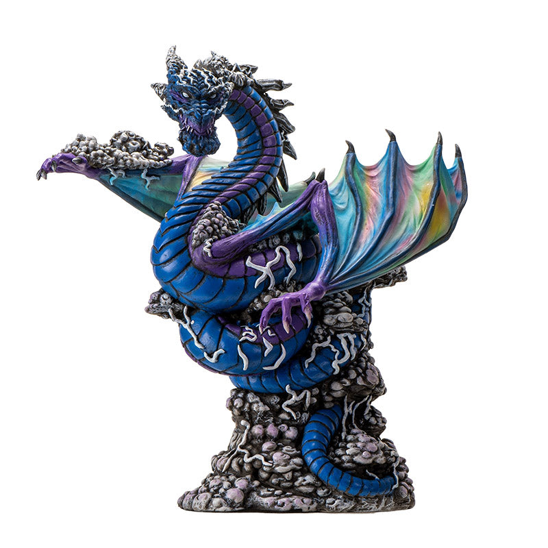 Figurine of dragon in blue and purple, rainbow wings, gray bubbles