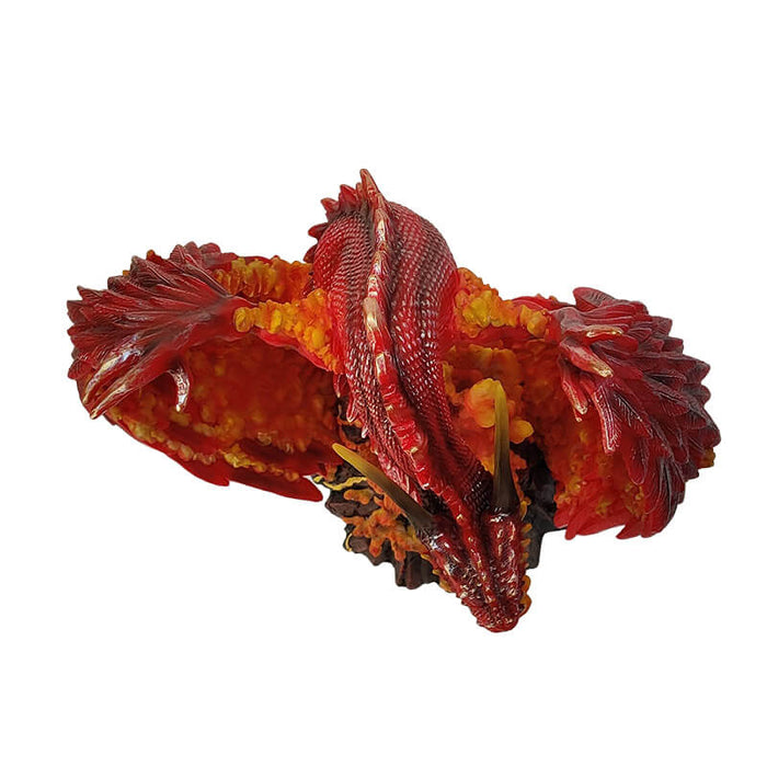 Top down view - Figurine based on art by Derek W Frost - red dragon with lava and fire perched on a volcano