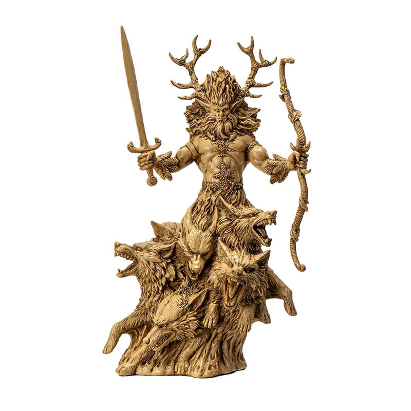 Figurine in faux-stone of Cernunnos, the Horned god, holding sword and staff and surrounded by hounds