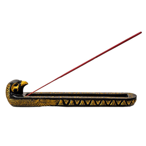Incense burner with falcon headed Egyptian god Horus, black and gold with hieroglyphs