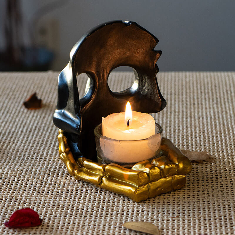 Black & Gold Skull Candleholder - Skeleton Gifts & Collectibles
