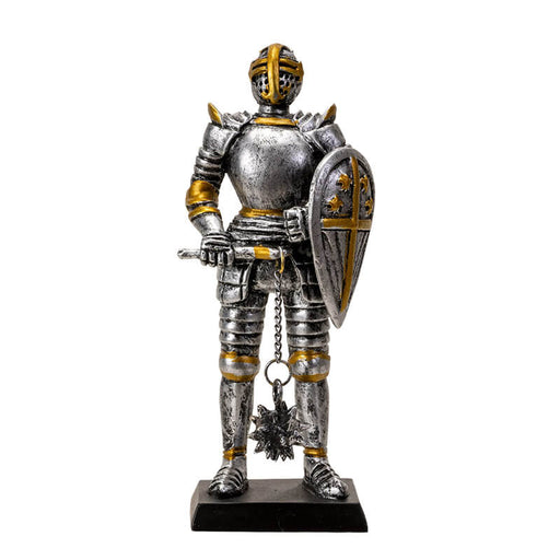 Figurine of a knight in silver armor with gold accents holding a shield and a flail