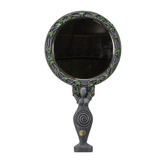 Hand Mirror with vines and leaves around the circle and spiral goddess handle in faux-stone