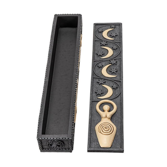 Incense burner box with cream-hued spiral goddess and crescent moons on faux-stone. Shown open with storage space for incense