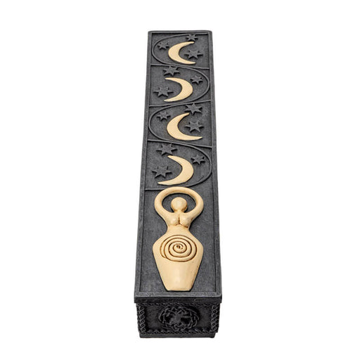 Incense burner box with cream-hued spiral goddess and crescent moons on faux-stone