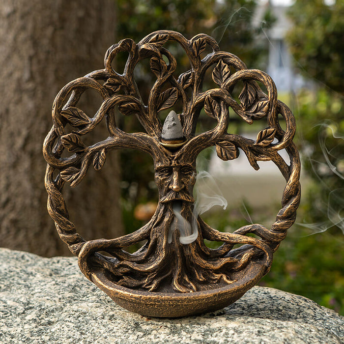 Tree of Life backflow cone incense burner with greenman face in faux-bronze.