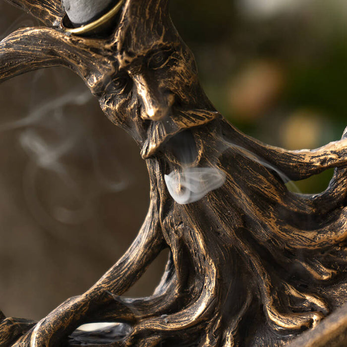 Tree of Life backflow cone incense burner with greenman face in faux-bronze.