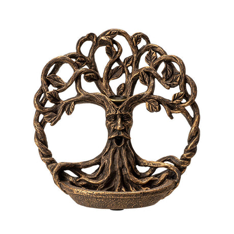 Tree of Life backflow cone incense burner with greenman face in faux-bronze.