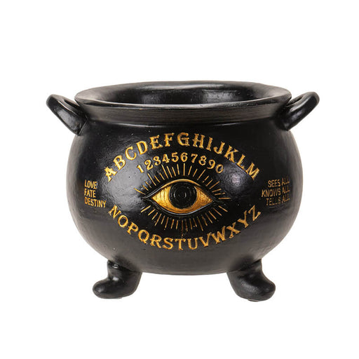 Black cauldron with gold Ouija board designs and all seeing eye