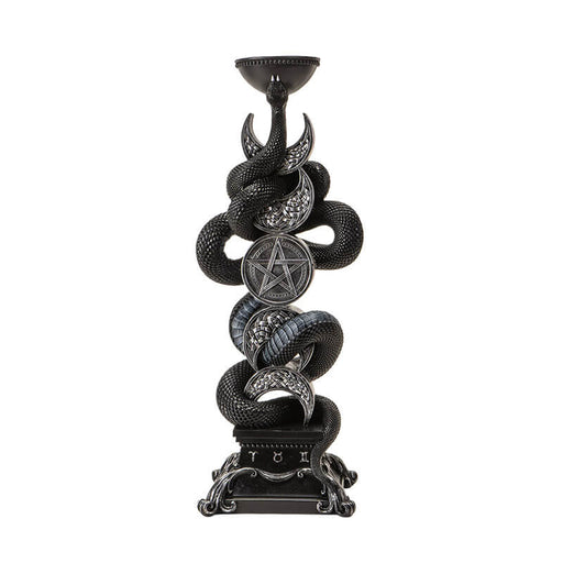 Candleholder of black snake twining through moon phases in silver with spot for taper candle at the top.