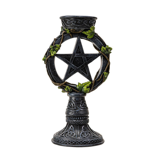 Faux stone candleholder with pentacle star in the center, Celtic knot and leave designs