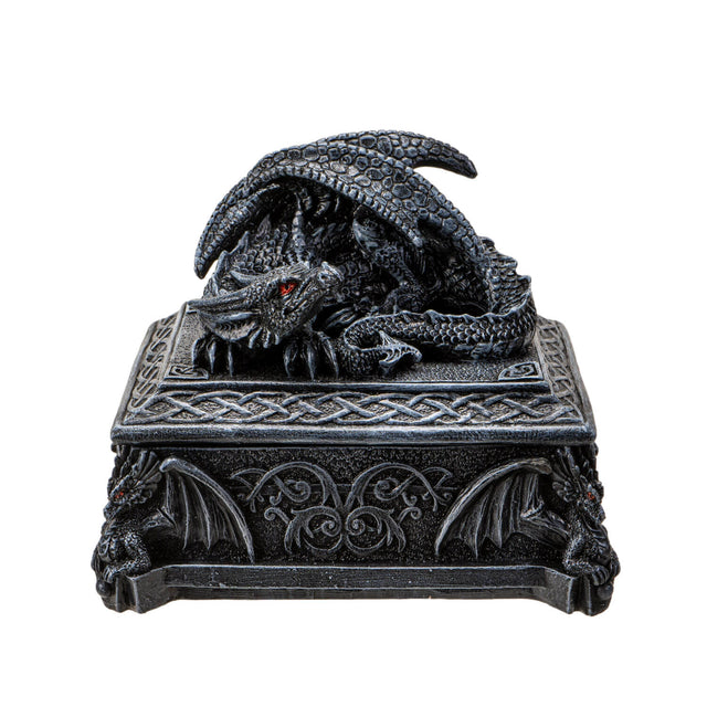 Trinket box in faux black stone with red eyed dragon on top and Celtic knot designs