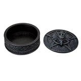 Faux-stone grey trinket box with pentacle, dragon, and Celtic knot designs, shown open