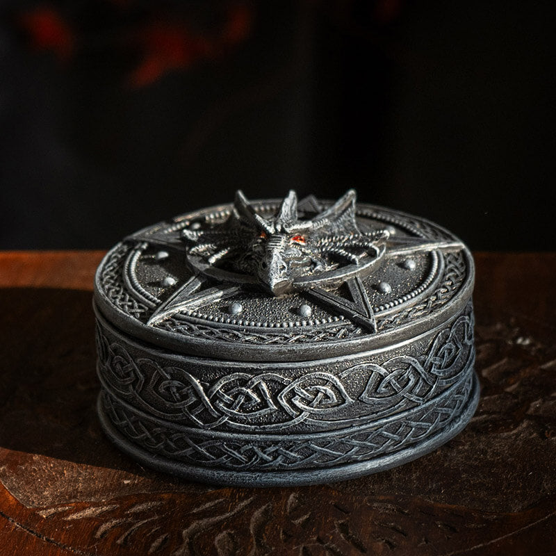 Faux-stone grey trinket box with pentacle, dragon, and Celtic knot designs