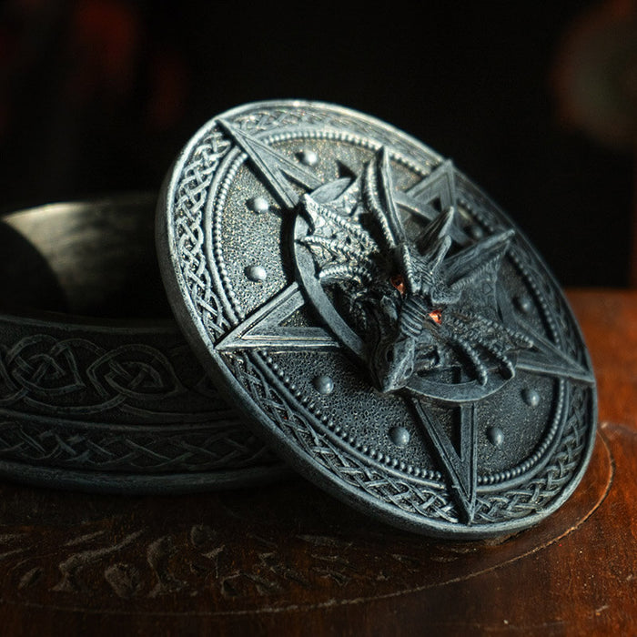 Faux-stone grey trinket box with pentacle, dragon, and Celtic knot designs