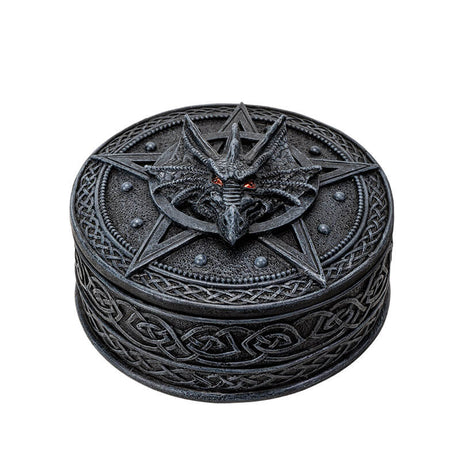 Faux-stone grey trinket box with pentacle, dragon, and Celtic knot designs