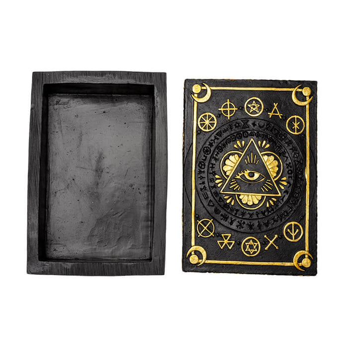 Trinket box in black and gold with Eye of Providence design and arcane symbols, shown top down and open