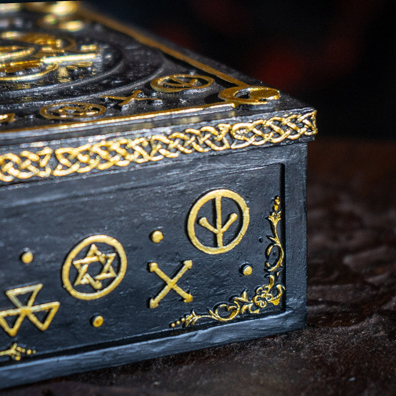 Detail of gold on black designs and arcane symbols