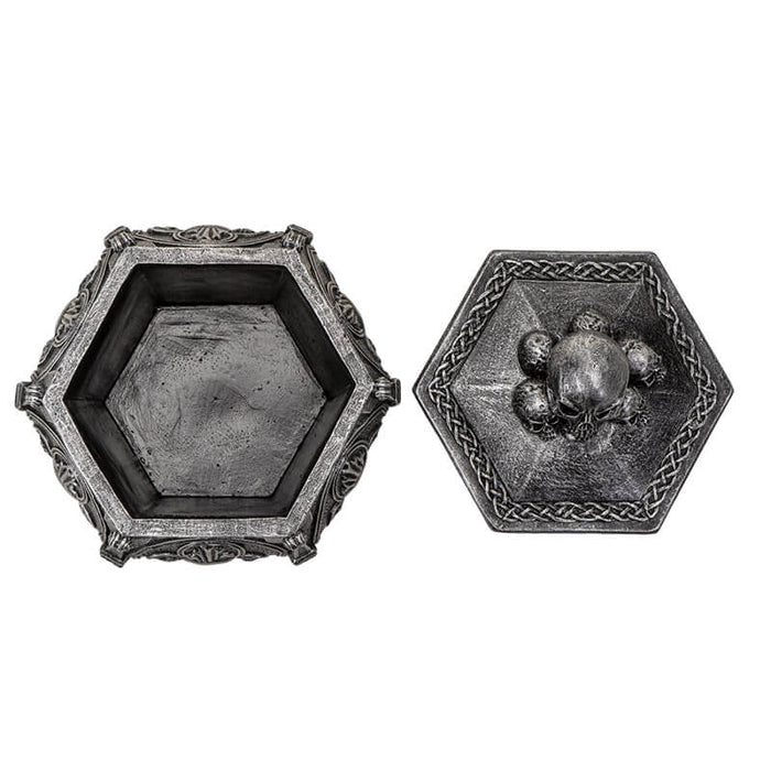Faux stone grey trinket box with skulls on lid and around the sides, shown top down, open