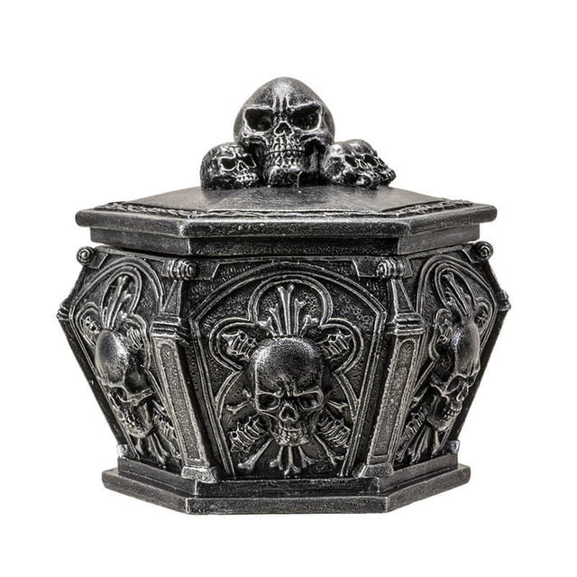 Faux stone grey trinket box with skulls on lid and around the sides