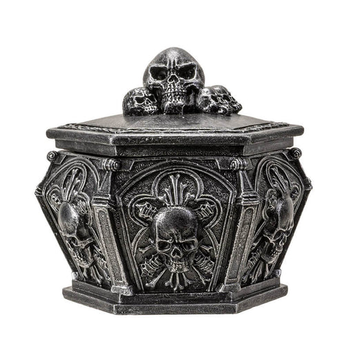 Faux stone grey trinket box with skulls on lid and around the sides
