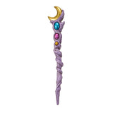 Magic wand in pale purple with orbs in gold, blue and pink with golden crescent moon topper