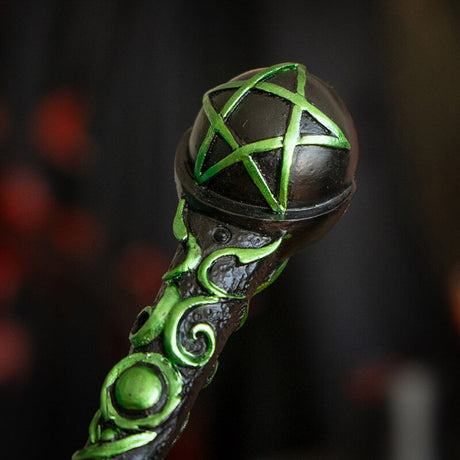 Magic wand, black with green accents - swirls and pentacle