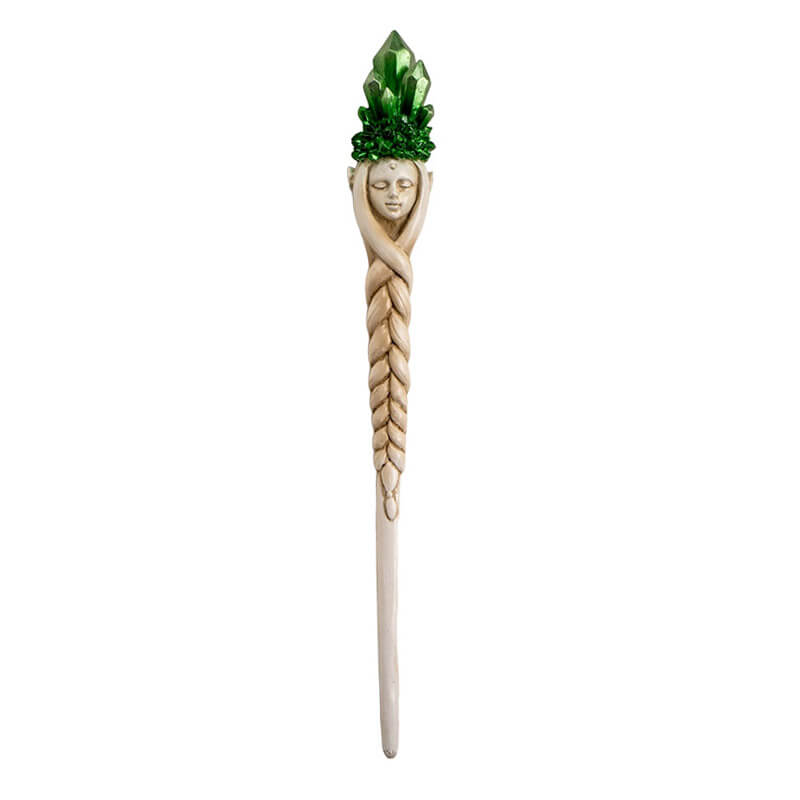 Magic wand with faux-wood staff, face and braid, topped with green crystal cluster