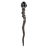 Magic wand in faux wood with coiling snake, skeletal claw holding black crystal