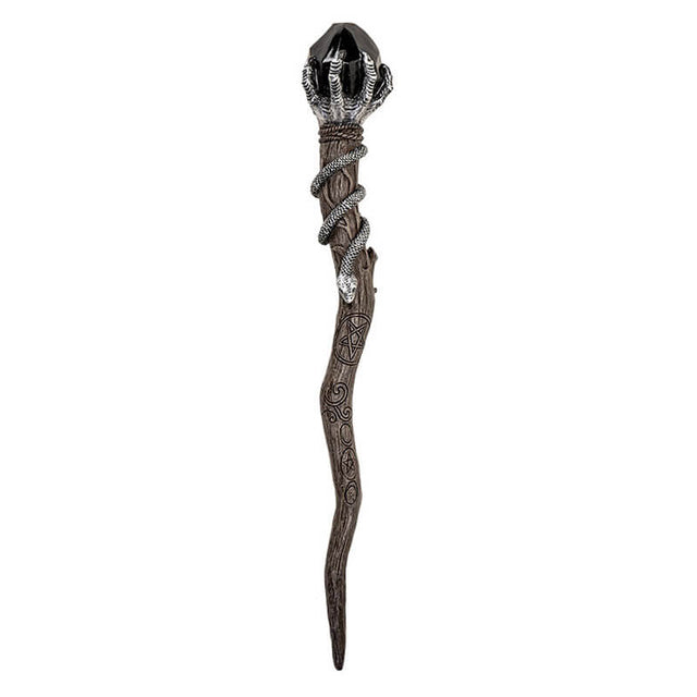 Magic wand in faux wood with coiling snake, skeletal claw holding black crystal