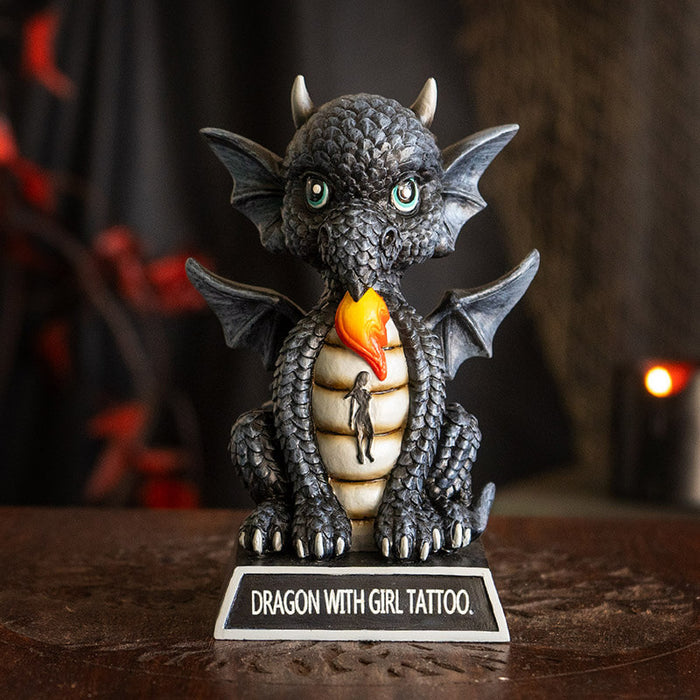 Figurine of a black dragon with flame and lady tattoo on a base that says "Dragon With Girl Tattoo."