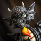 Figurine of a black dragon with flame and lady tattoo on a base that says "Dragon With Girl Tattoo."