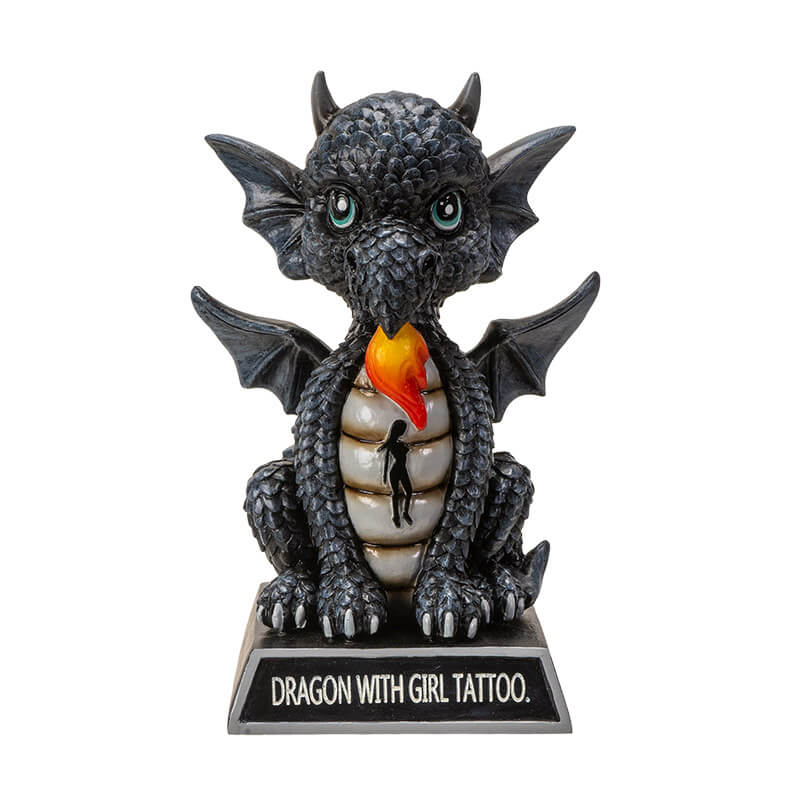 Figurine of a black dragon with flame and lady tattoo on a base that says "Dragon With Girl Tattoo."