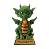 Figurine of a green dragon with flame on tan base that says "Your fantastic dreams have wings!"